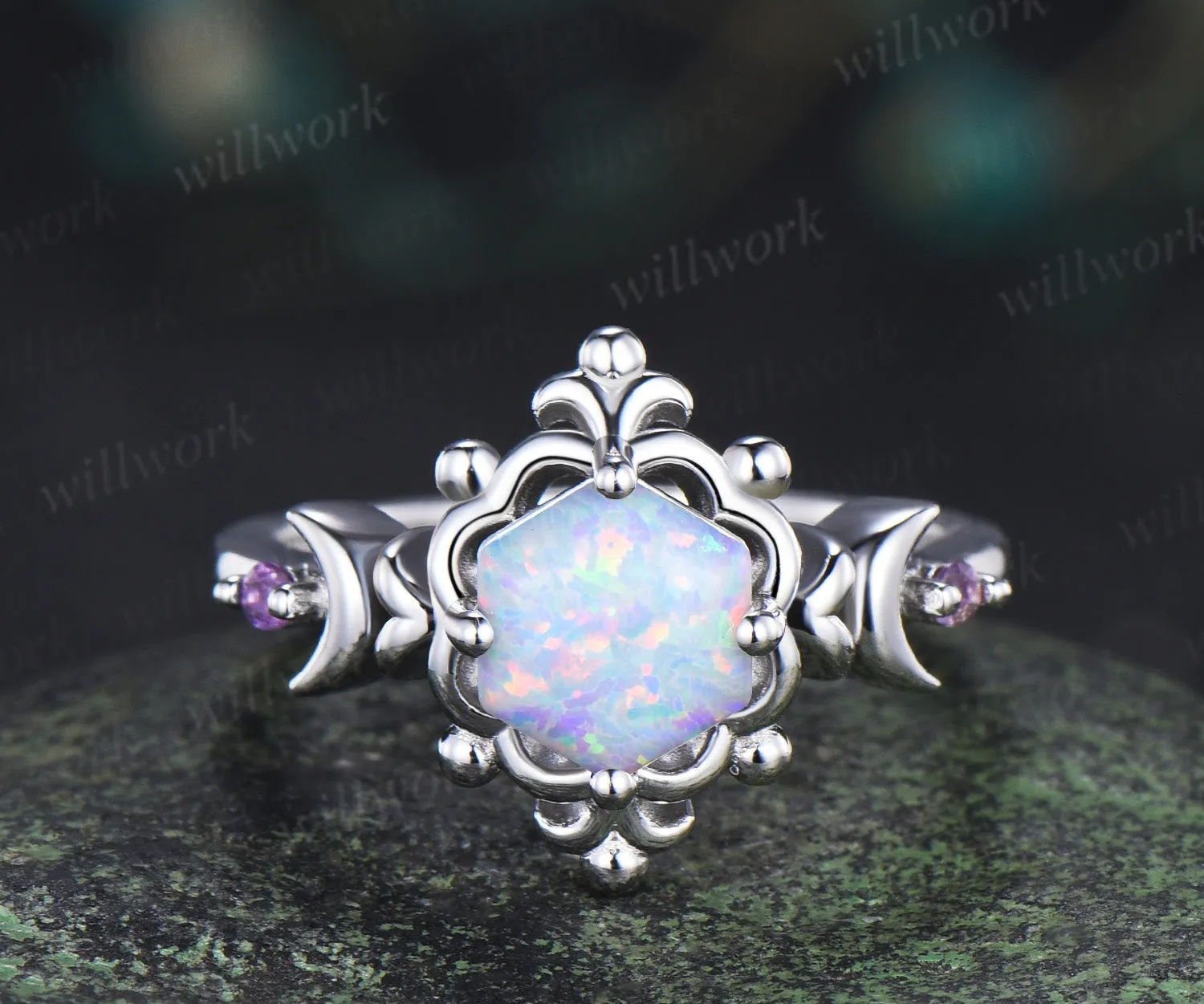 Hexagon opal moon ring amethyst vintage floral crown engagement ring unique gothic opal promise fing sold by Willwork Jewelry
