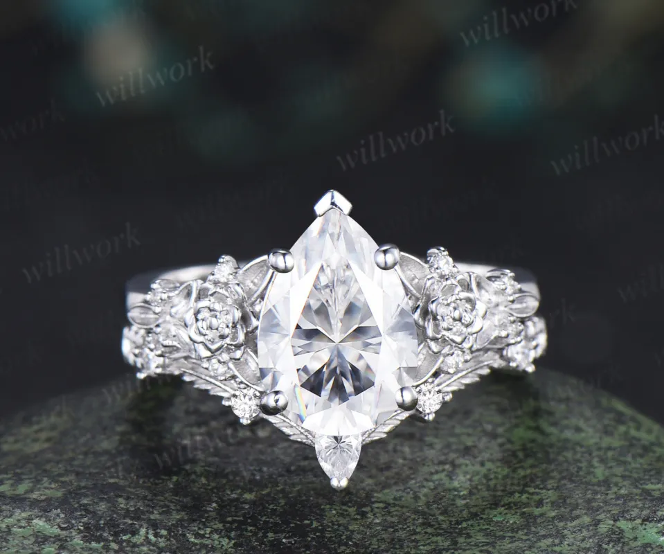 Succulent inspired pear moissanite ngagement ring set moissanites diamonds leaf wedding ring bridal set gifts for women made by Willwork Jewelry