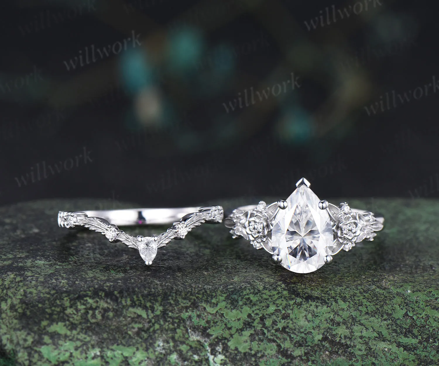 Succulent inspired pear moissanite ngagement ring set moissanites diamonds leaf wedding ring bridal set gifts for women sold by Willwork Jewelry product image thumbnail 5