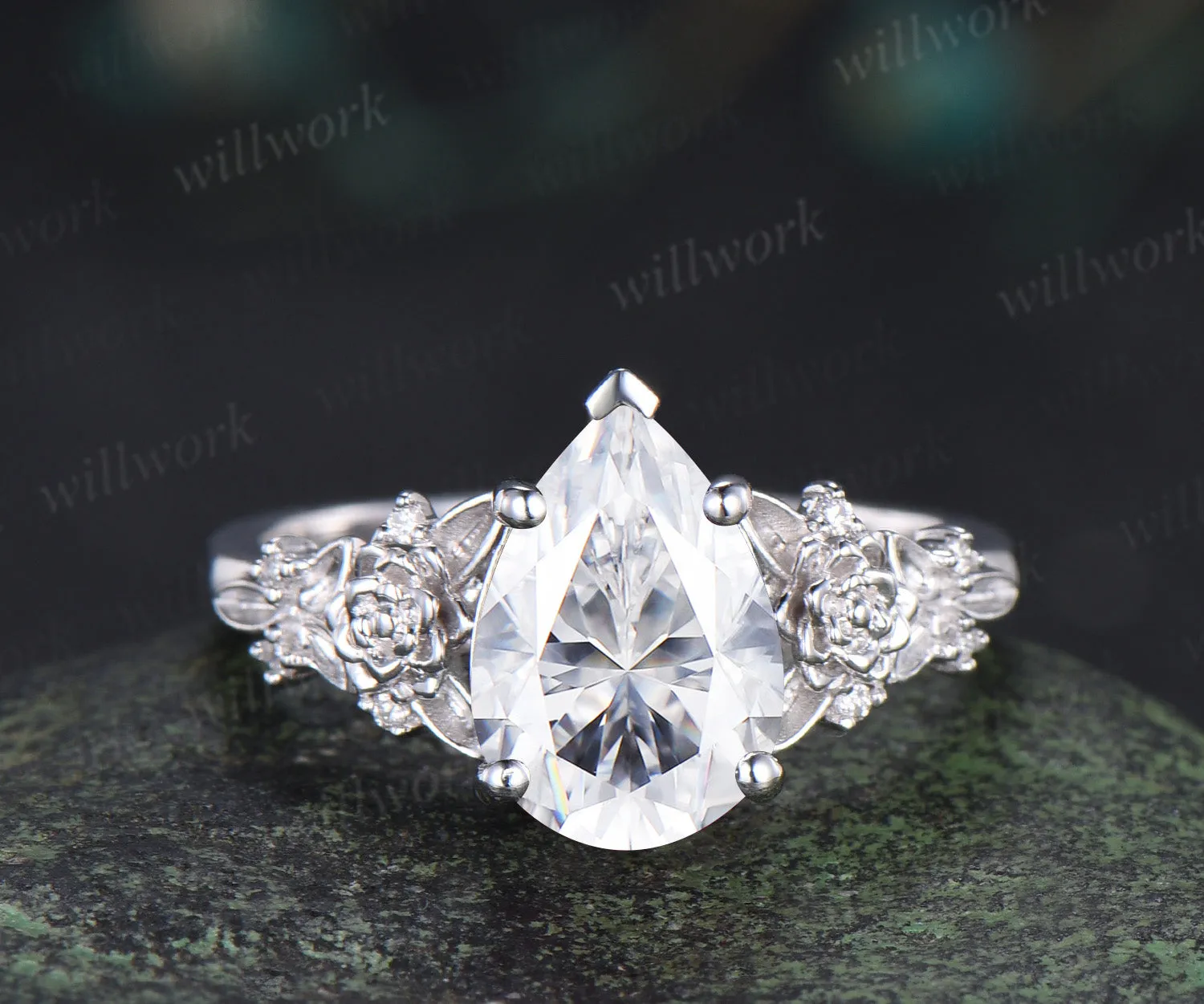 Succulent inspired pear moissanite ngagement ring set moissanites diamonds leaf wedding ring bridal set gifts for women sold by Willwork Jewelry product image thumbnail 3