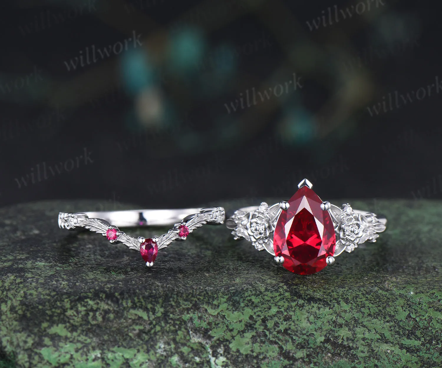 Vintage pear ruby succulent inspired engagement ring set moissanites leaf wedding ring unique bridal set sold by Willwork Jewelry product image thumbnail 5