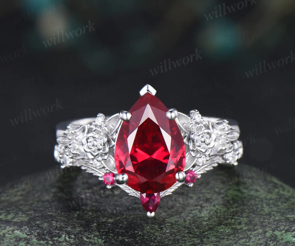Vintage pear ruby succulent inspired engagement ring set moissanites leaf wedding ring unique bridal set made by Willwork Jewelry