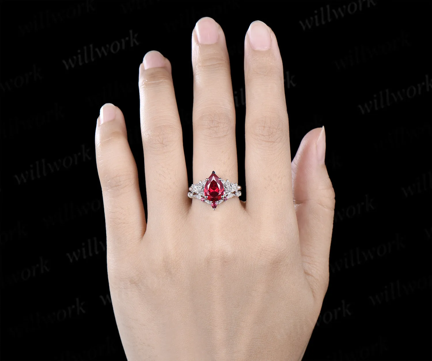 Vintage pear ruby succulent inspired engagement ring set moissanites leaf wedding ring unique bridal set sold by Willwork Jewelry product image thumbnail 2