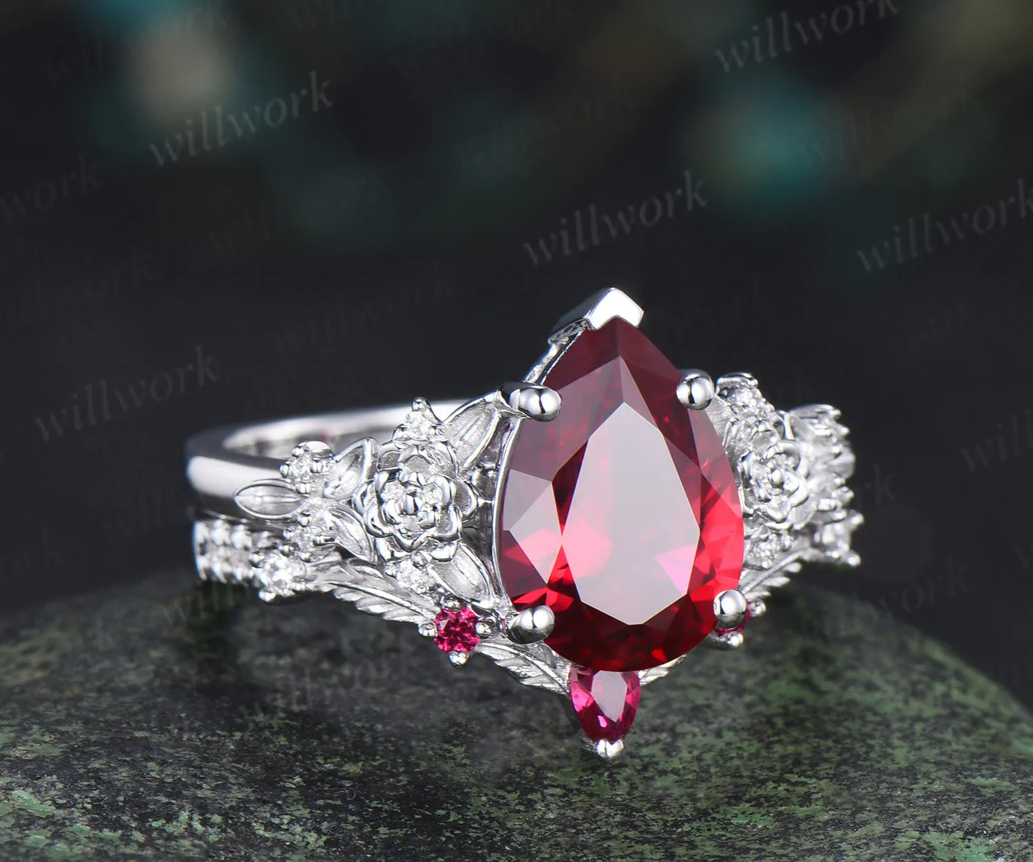 Vintage pear ruby succulent inspired engagement ring set moissanites leaf wedding ring unique bridal set sold by Willwork Jewelry product image thumbnail 3