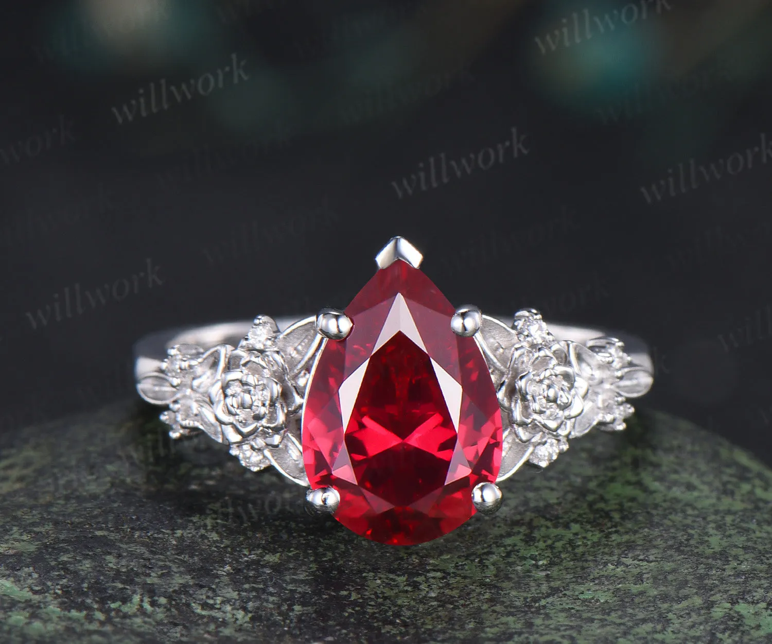 Vintage pear ruby succulent inspired engagement ring set moissanites leaf wedding ring unique bridal set sold by Willwork Jewelry product image thumbnail 4