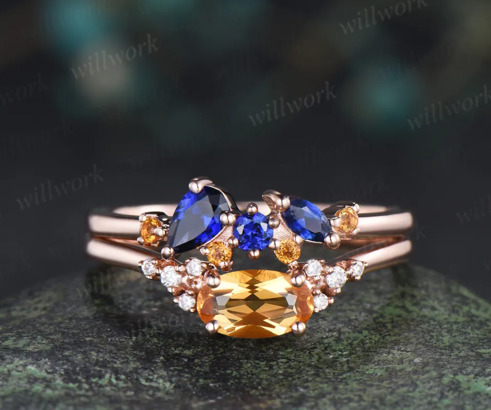 Oval citrine engagement ring set moissanite crystal cluster ring sapphire citrine stacking ring unique bridal set made by Willwork Jewelry
