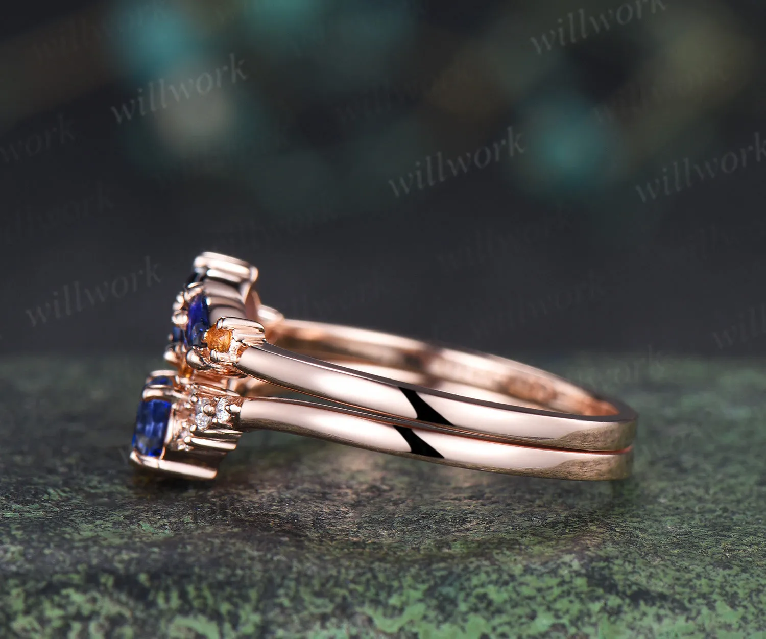 Oval blue sapphire engagement ring set moissanite cluster ring sapphire citrine stacking ring unique bridal set sold by Willwork Jewelry product image thumbnail 5