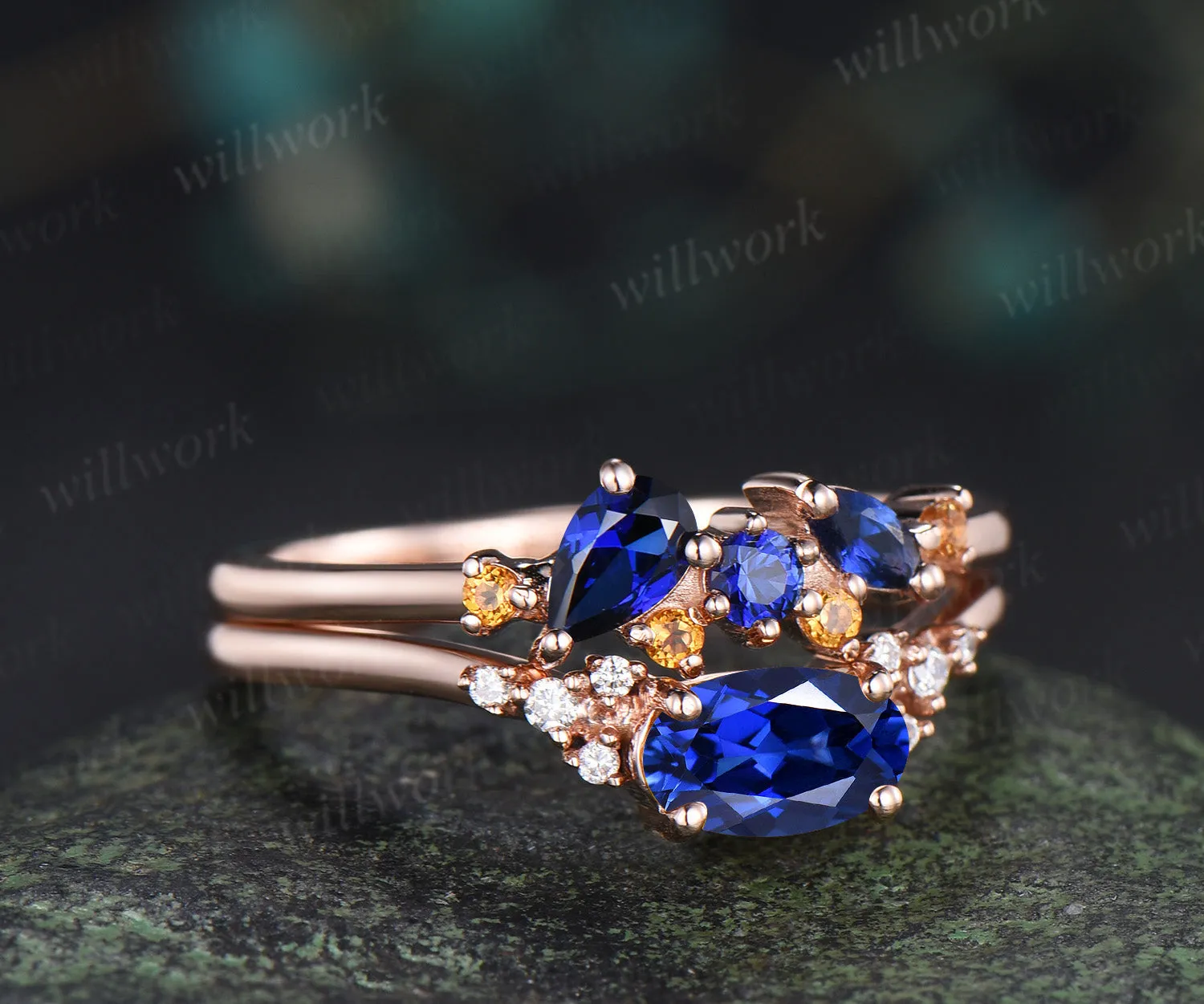 Oval blue sapphire engagement ring set moissanite cluster ring sapphire citrine stacking ring unique bridal set sold by Willwork Jewelry product image thumbnail 3