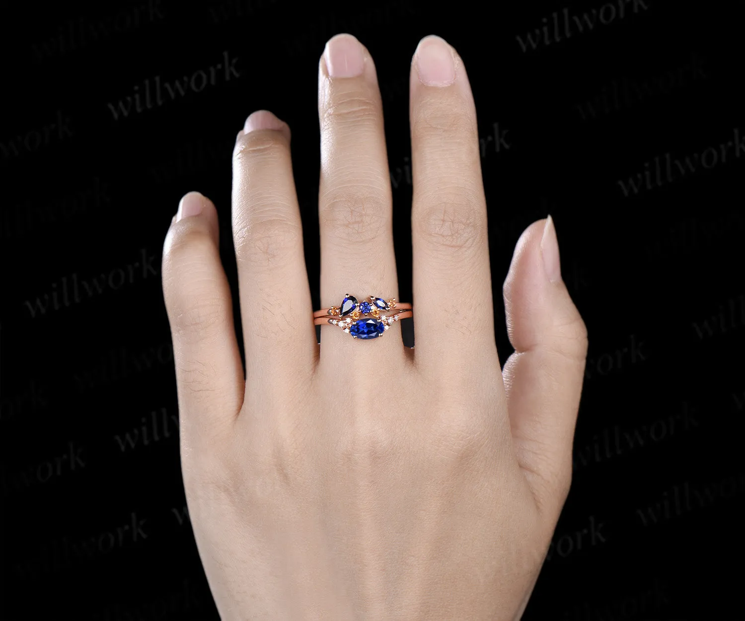 Oval blue sapphire engagement ring set moissanite cluster ring sapphire citrine stacking ring unique bridal set sold by Willwork Jewelry product image thumbnail 2