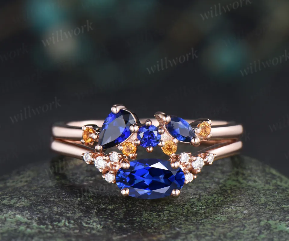 Oval blue sapphire engagement ring set moissanite cluster ring sapphire citrine stacking ring unique bridal set sold by Willwork Jewelry