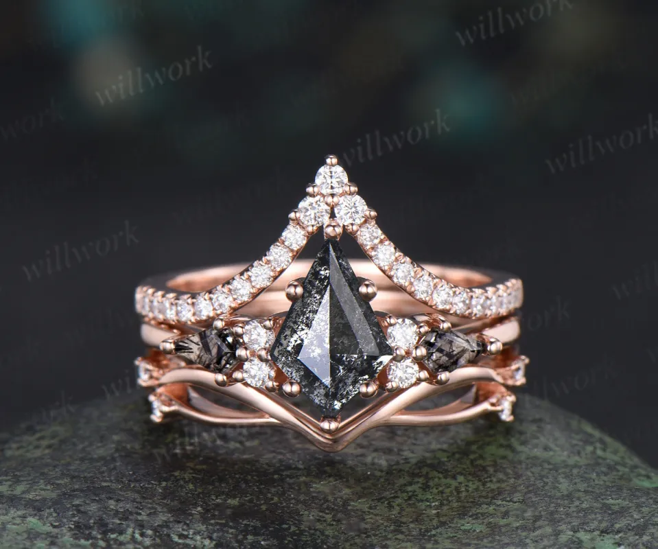 Vintage kite cut salt and pepper diamond engagement ring set unique kite black rutilated seven stone diamond bridal set sold by Willwork Jewelry