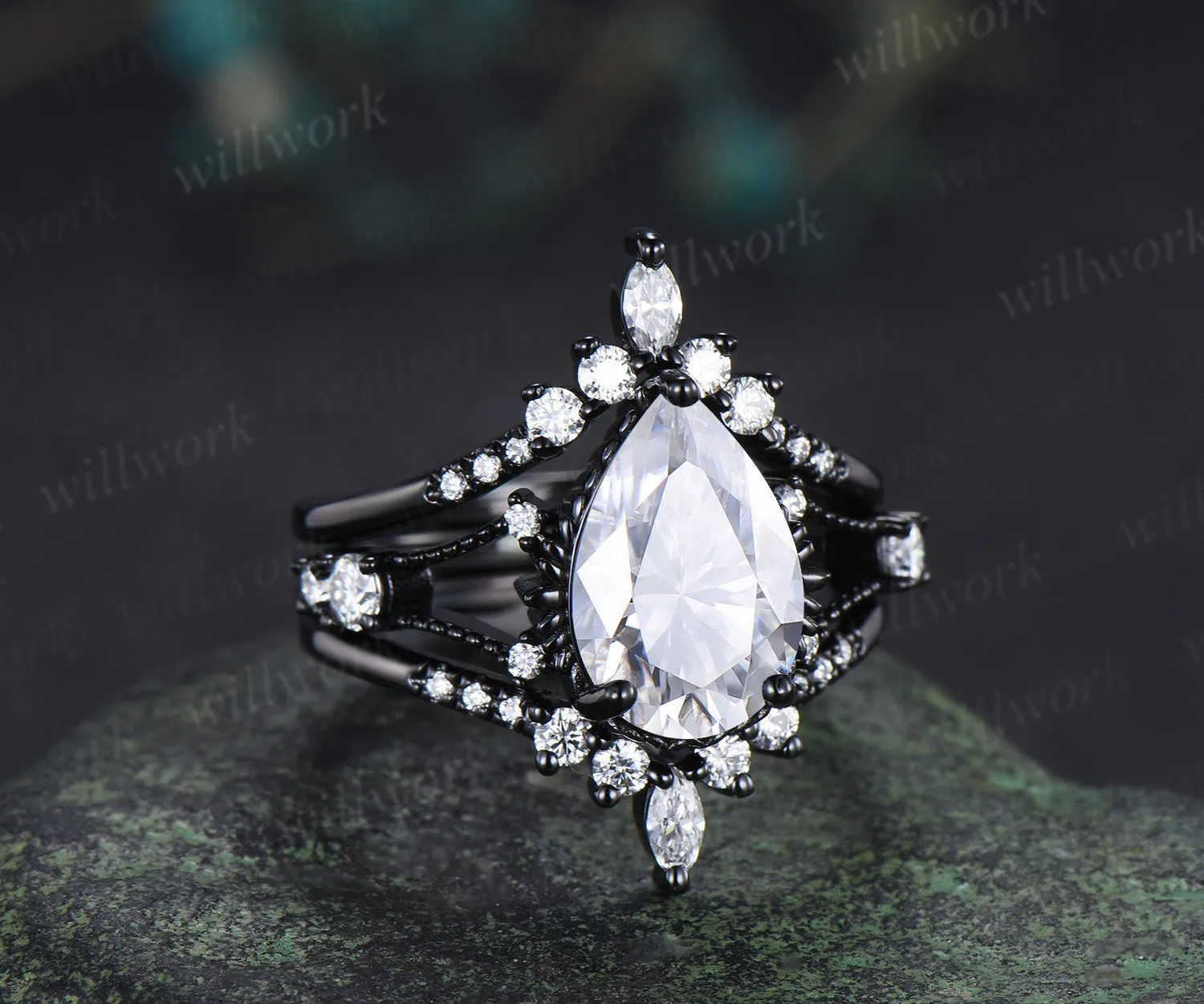 8x12mm pear cut moissanite engagement ring set unique 3 piece split shank milgrain black gold bridal set sold by Willwork Jewelry product image thumbnail 3