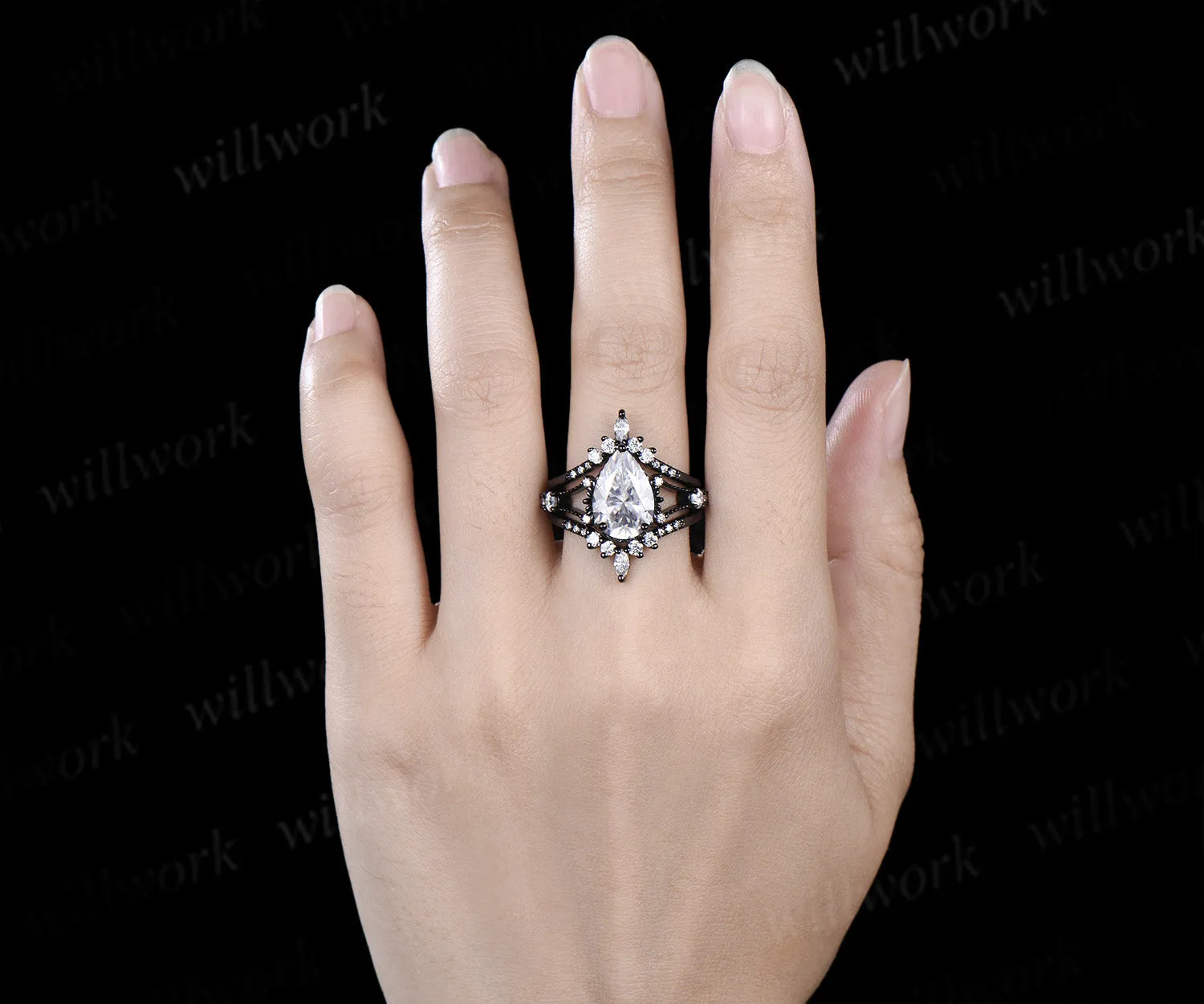 8x12mm pear cut moissanite engagement ring set unique 3 piece split shank milgrain black gold bridal set sold by Willwork Jewelry product image thumbnail 2