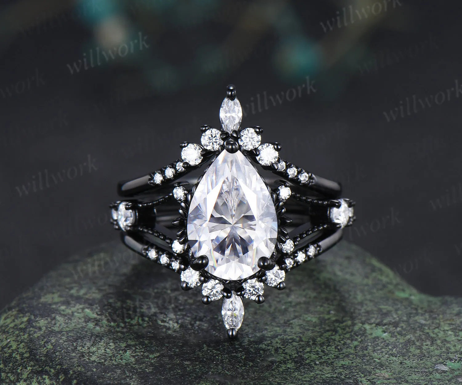 8x12mm pear cut moissanite engagement ring set unique 3 piece split shank milgrain black gold bridal set sold by Willwork Jewelry