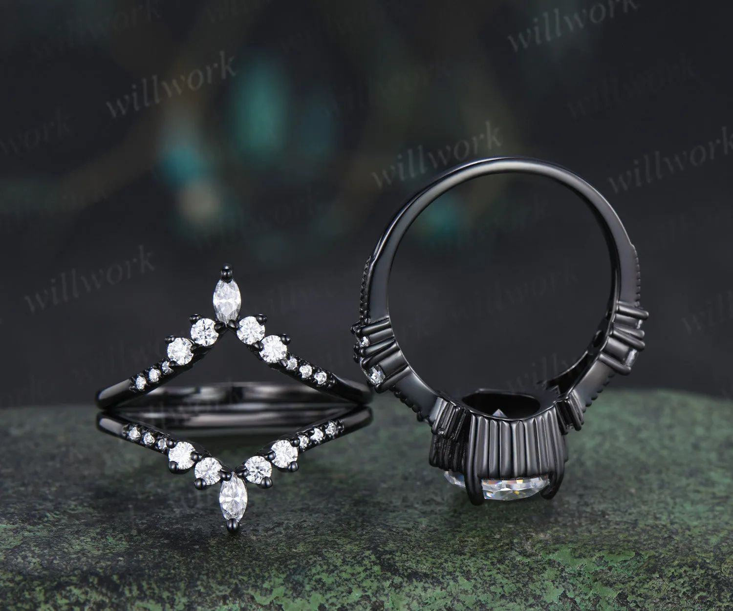8x12mm pear cut moissanite engagement ring set unique 3 piece split shank milgrain black gold bridal set sold by Willwork Jewelry product image thumbnail 4