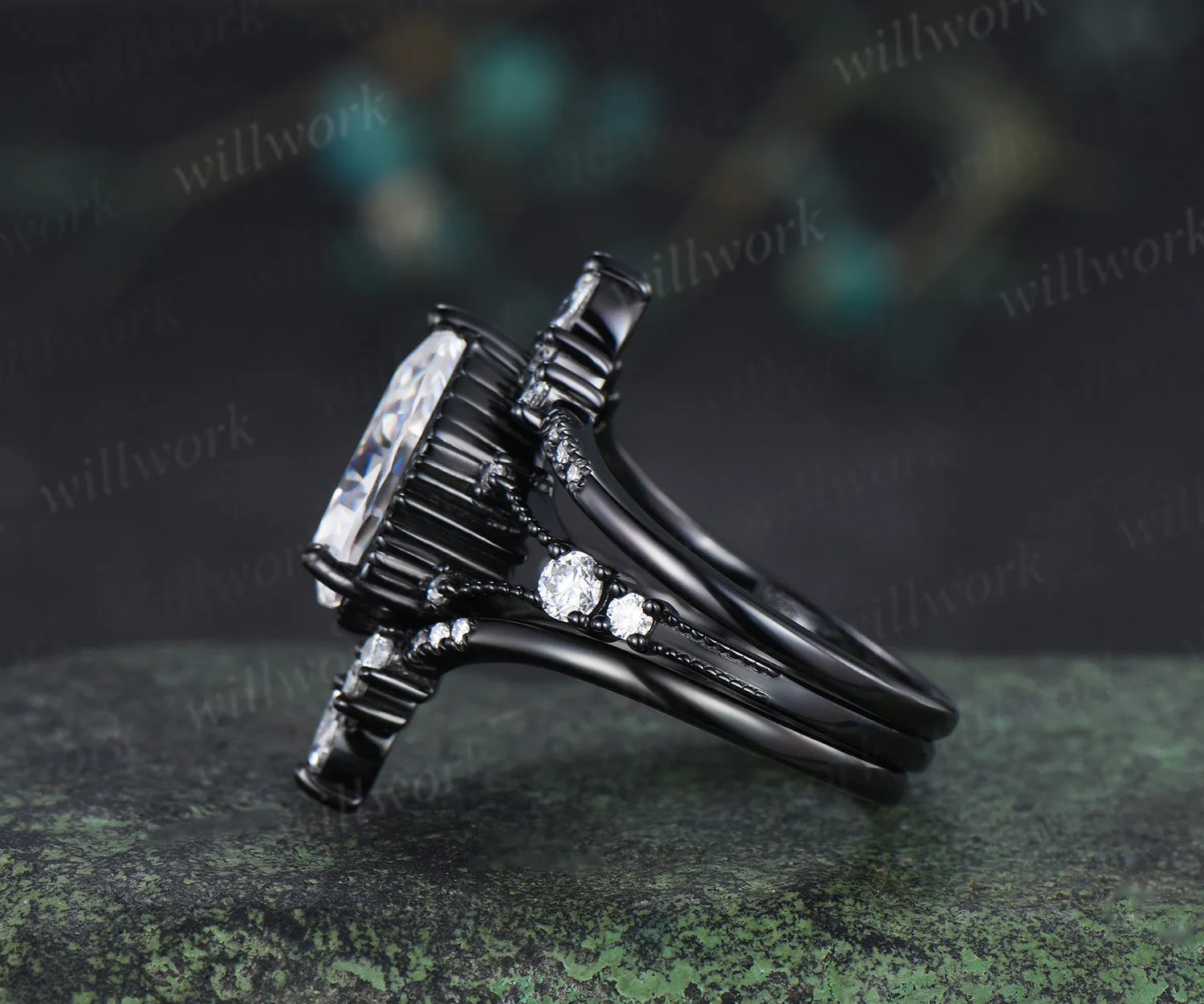 8x12mm pear cut moissanite engagement ring set unique 3 piece split shank milgrain black gold bridal set sold by Willwork Jewelry product image thumbnail 5