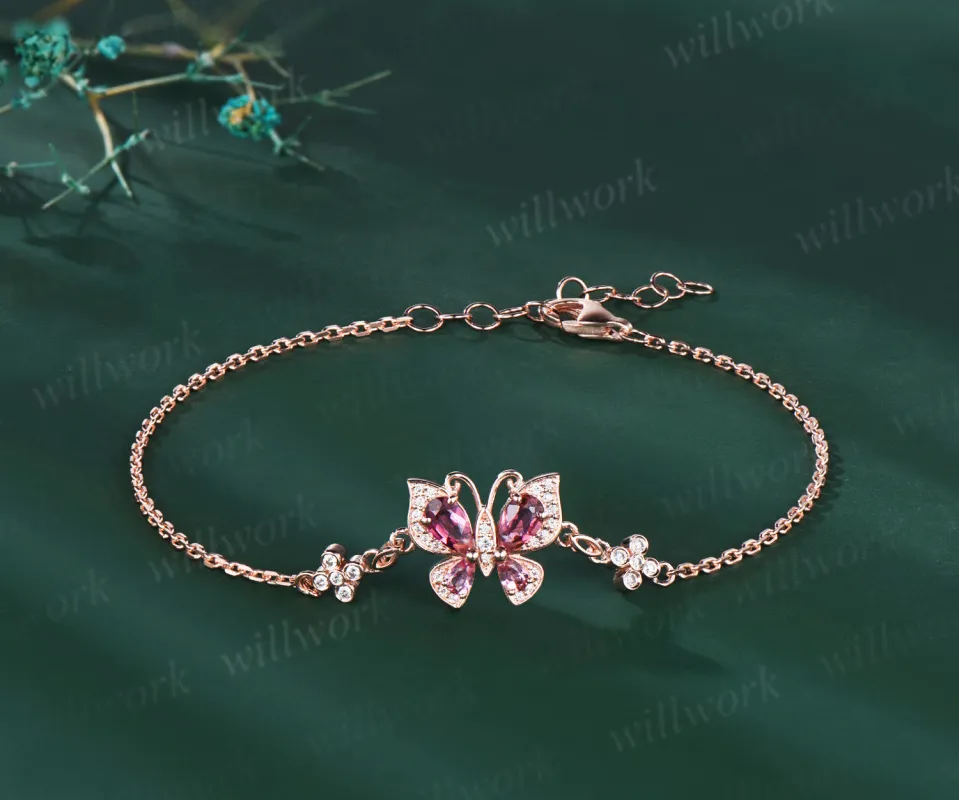 Elegante pear pink tourmaline butterfly charm bracelet clover moissanite bracelets for women gifts for her made by Willwork Jewelry