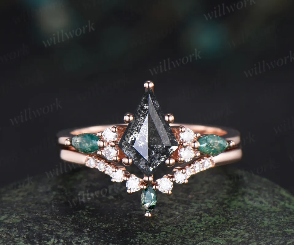Vintage kite cut salt and pepper diamond engagement ring set unique marquise moss agate seven stone diamond bridal set sold by Willwork Jewelry