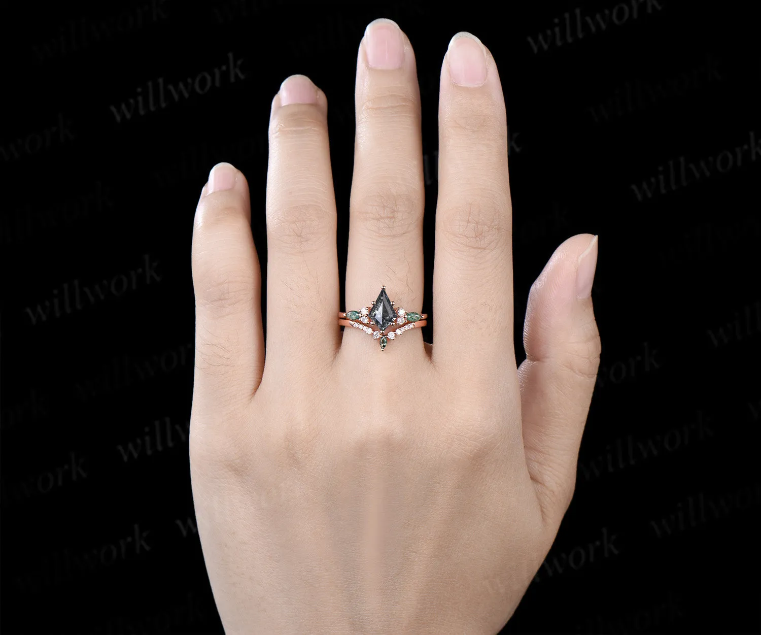 Vintage kite cut salt and pepper diamond engagement ring set unique marquise moss agate seven stone diamond bridal set sold by Willwork Jewelry product image thumbnail 2