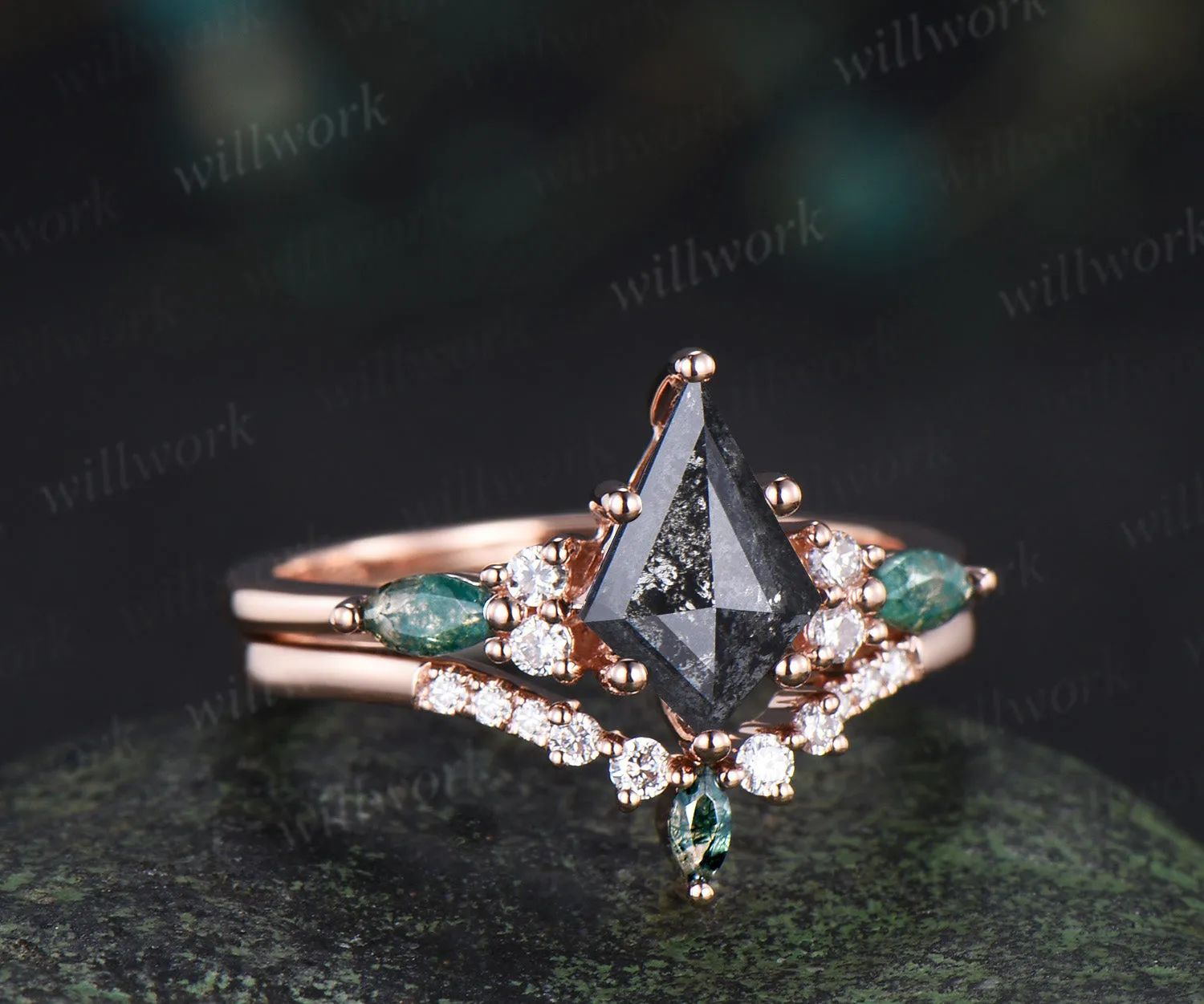 Vintage kite cut salt and pepper diamond engagement ring set unique marquise moss agate seven stone diamond bridal set sold by Willwork Jewelry product image thumbnail 3