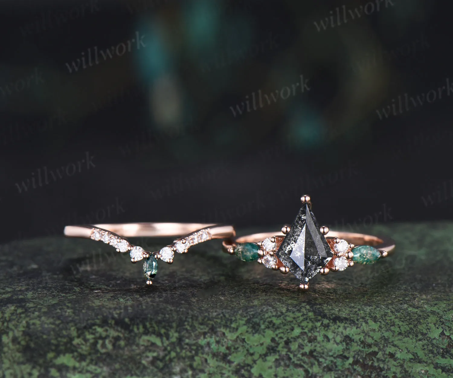 Vintage kite cut salt and pepper diamond engagement ring set unique marquise moss agate seven stone diamond bridal set sold by Willwork Jewelry product image thumbnail 4