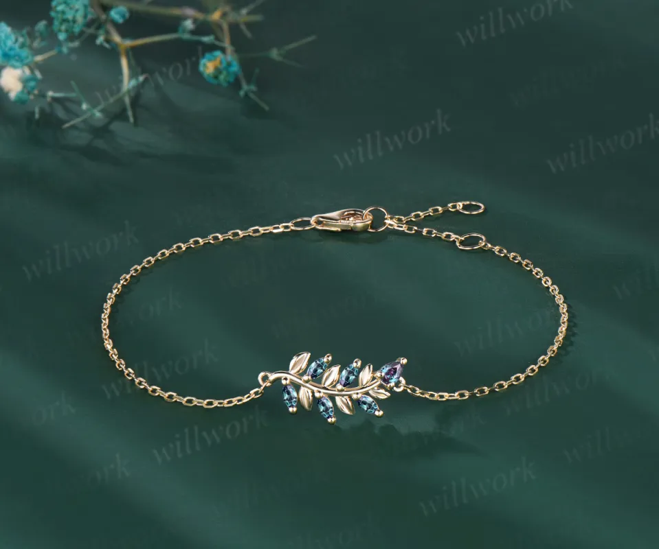 Marquise pear alexandrite leaf bracelet for women nature inspired color change gemstone jewelry sold by Willwork Jewelry