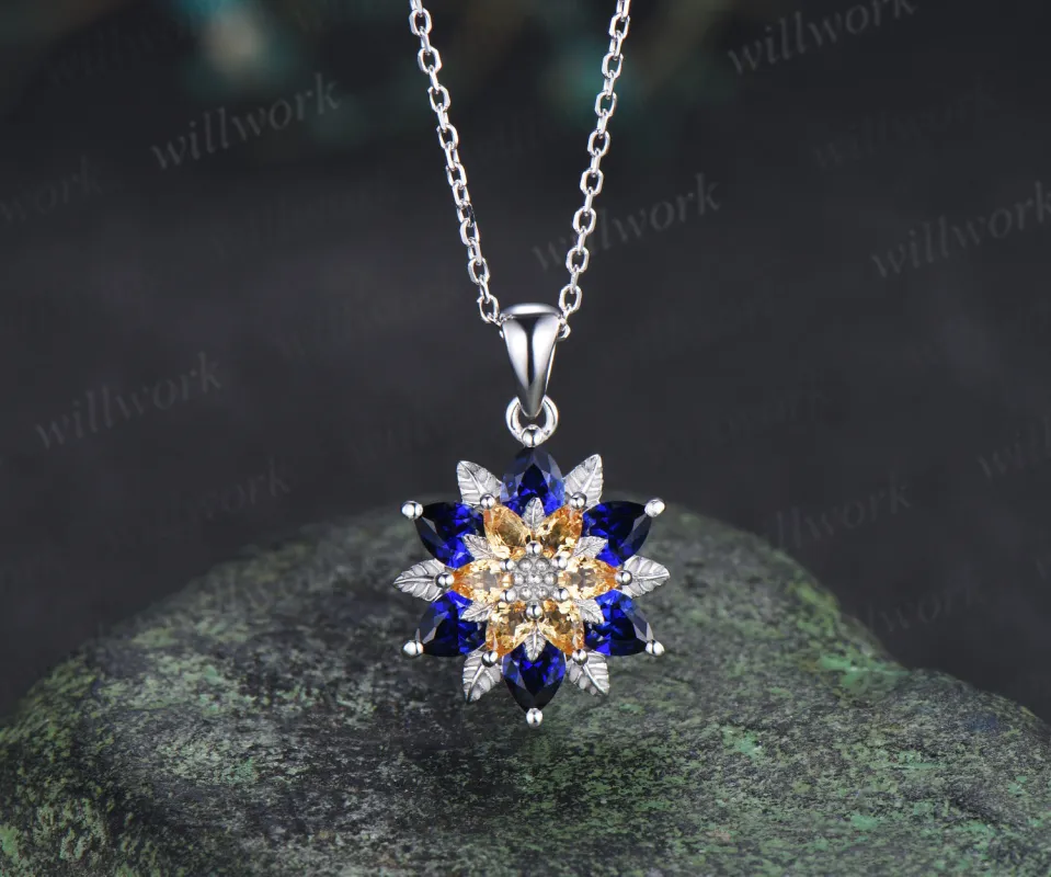 Pear blue sapphire citrine flower pendant necklace vintage leaf floral charm pendant birthday anniversary gifts sold by Willwork Jewelry