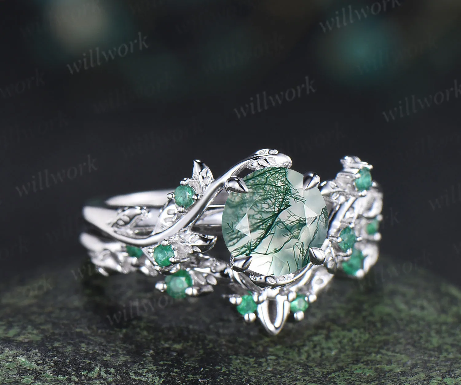 Unique round moss agate engagement ring set natural emeralds leaf branch ring celtic knot wedding band bridal set gifts for women sold by Willwork Jewelry product image thumbnail 4