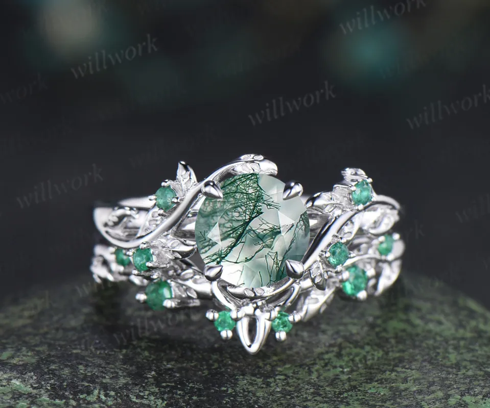 Unique round moss agate engagement ring set natural emeralds leaf branch ring celtic knot wedding band bridal set gifts for women sold by Willwork Jewelry