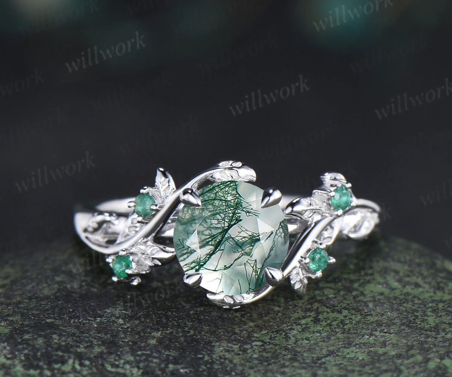 Unique round moss agate engagement ring set natural emeralds leaf branch ring celtic knot wedding band bridal set gifts for women sold by Willwork Jewelry product image thumbnail 3