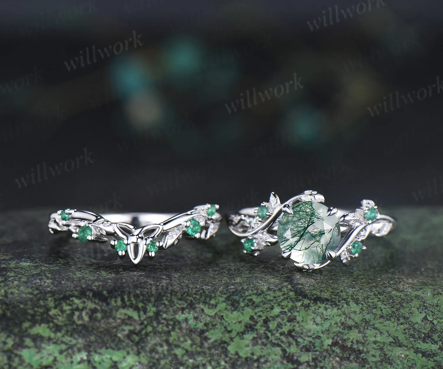 Unique round moss agate engagement ring set natural emeralds leaf branch ring celtic knot wedding band bridal set gifts for women sold by Willwork Jewelry product image thumbnail 5