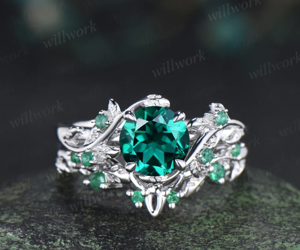 Round emerald engagement ring set natural emeralds leaf twig ring celtic knot wedding band nature inspired jewelry sold by Willwork Jewelry