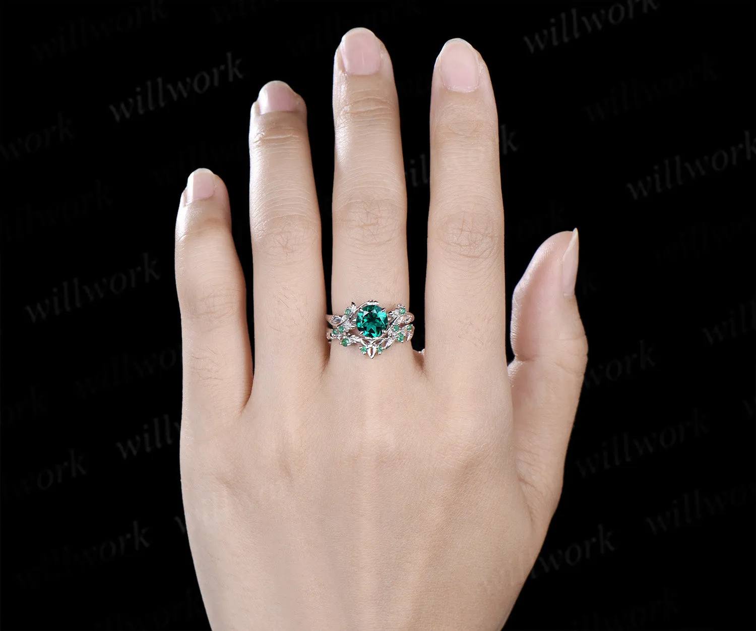 Round emerald engagement ring set natural emeralds leaf twig ring celtic knot wedding band nature inspired jewelry sold by Willwork Jewelry product image thumbnail 2