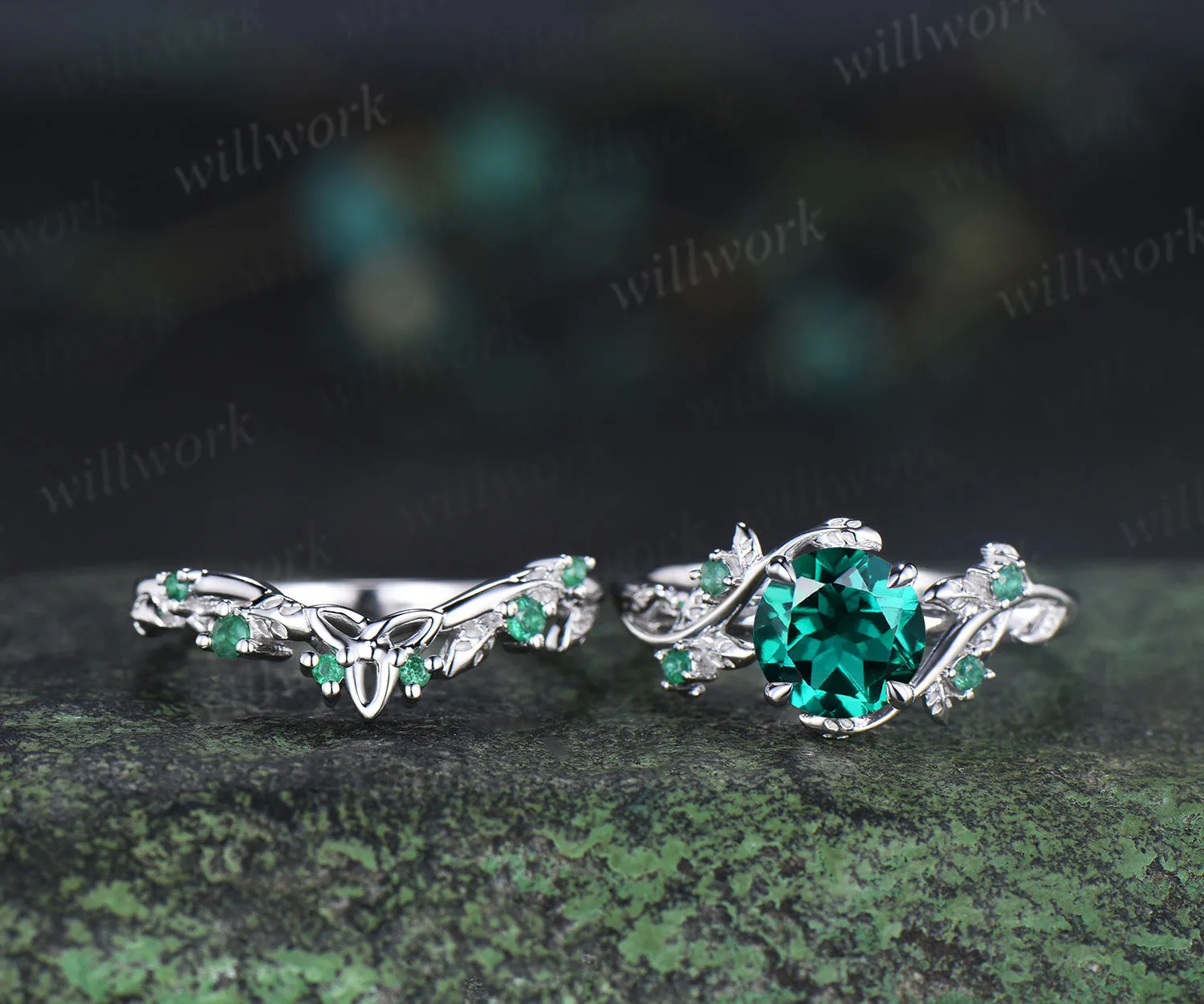 Round emerald engagement ring set natural emeralds leaf twig ring celtic knot wedding band nature inspired jewelry sold by Willwork Jewelry product image thumbnail 5