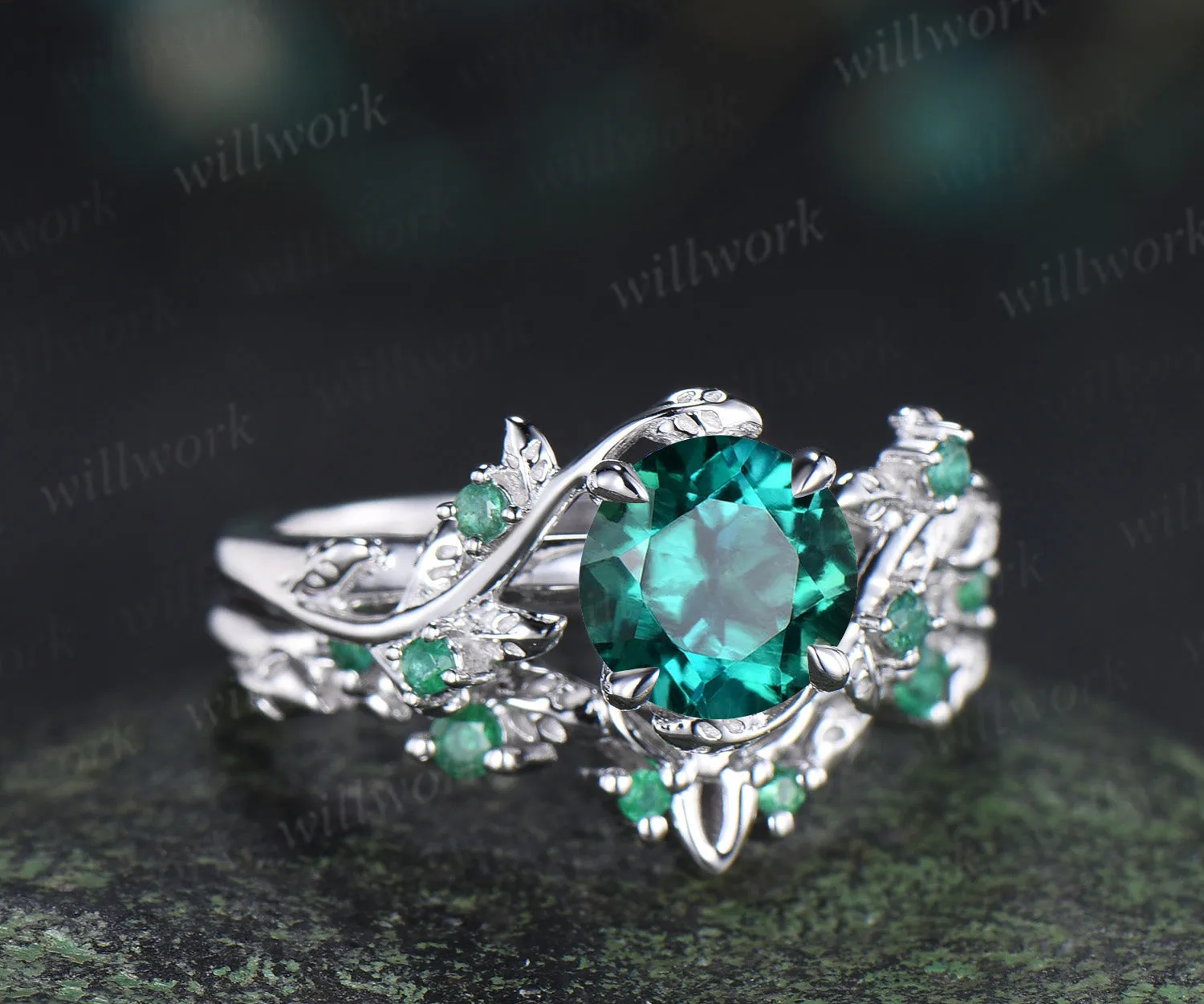 Round emerald engagement ring set natural emeralds leaf twig ring celtic knot wedding band nature inspired jewelry sold by Willwork Jewelry product image thumbnail 4