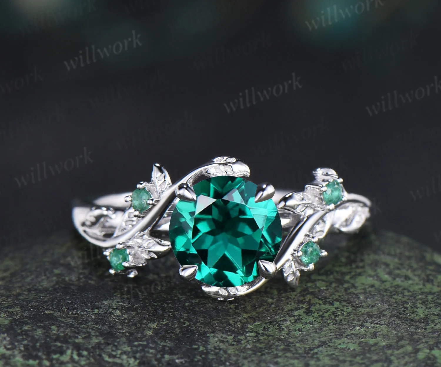 Round emerald engagement ring set natural emeralds leaf twig ring celtic knot wedding band nature inspired jewelry sold by Willwork Jewelry product image thumbnail 3
