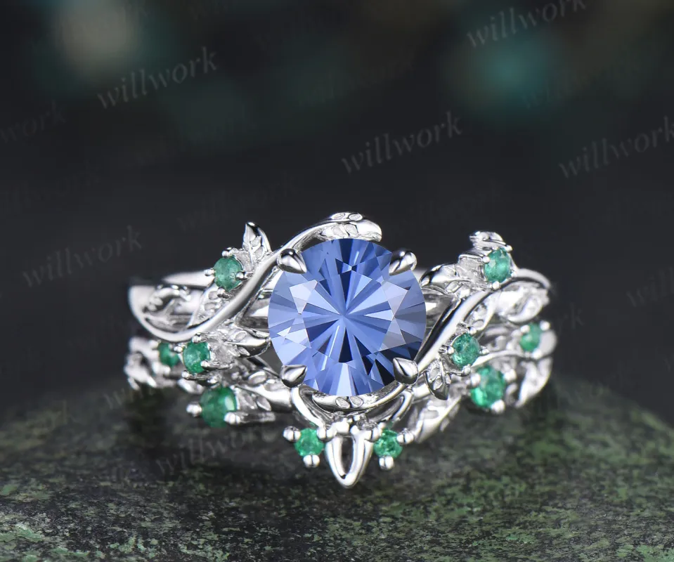 Round Firework cornflower blue sapphire ring set natural emeralds leaf twig ring celtic knot wedding band unique bridal set made by Willwork Jewelry