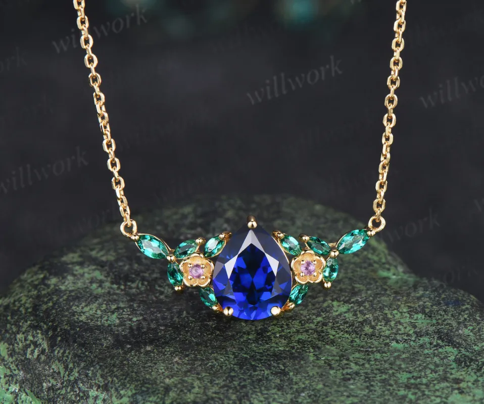 Pear cut blue sapphire pendant necklace flower amethysts leaf marquise emeralds charm pendant gifts for women sold by Willwork Jewelry
