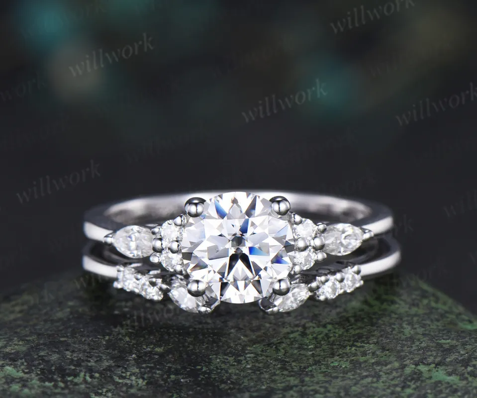 Round cut IGI Lab grown diamond engagement ring set solid 14k 18k white gold seven stone ring open gap wedding band timeless bridal set sold by Willwork Jewelry