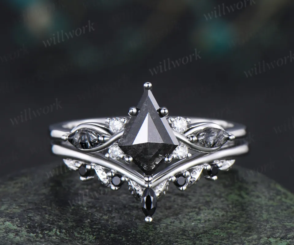 Kite cut salt and pepper diamond engagement ring set marquise black rutilated quartz seven stone ring black spinels wedding band unique bridal set sold by Willwork Jewelry