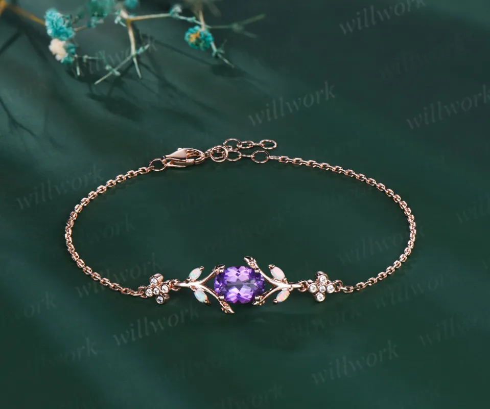 Dainty oval cut amethyst marquise opal leaf bracelet moissanites clover adjustable bracelet Februarly birthstone jewelry sold by Willwork Jewelry