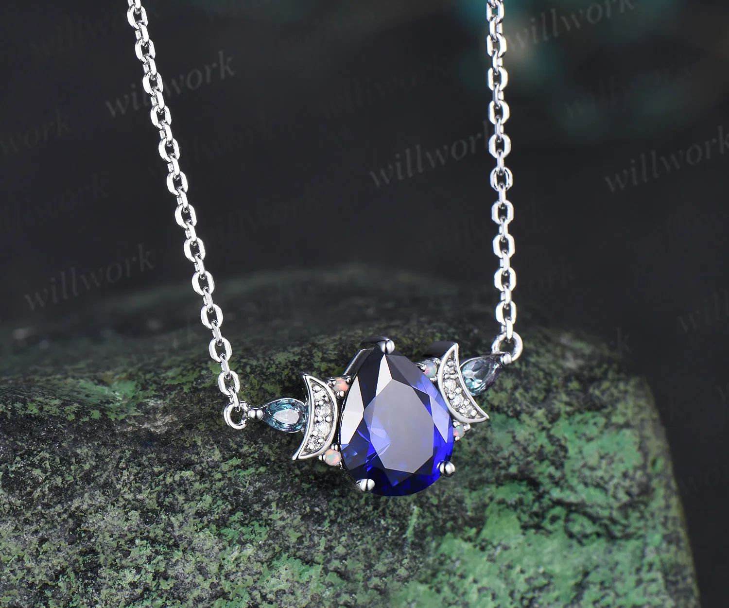 Pear cut blue sapphire pendant necklace moon deco moissanite pear alexandrite opals charm pendant September birthstone gifts sold by Willwork Jewelry product image thumbnail 4