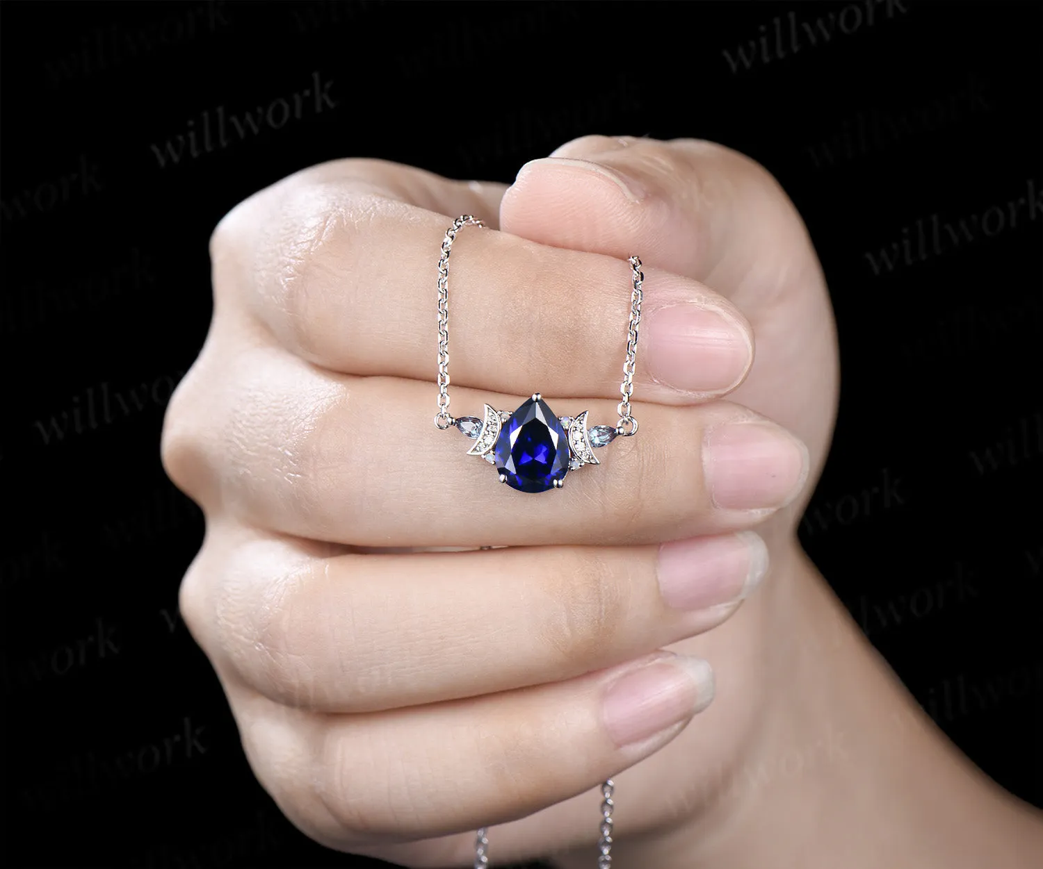 Pear cut blue sapphire pendant necklace moon deco moissanite pear alexandrite opals charm pendant September birthstone gifts sold by Willwork Jewelry product image thumbnail 5