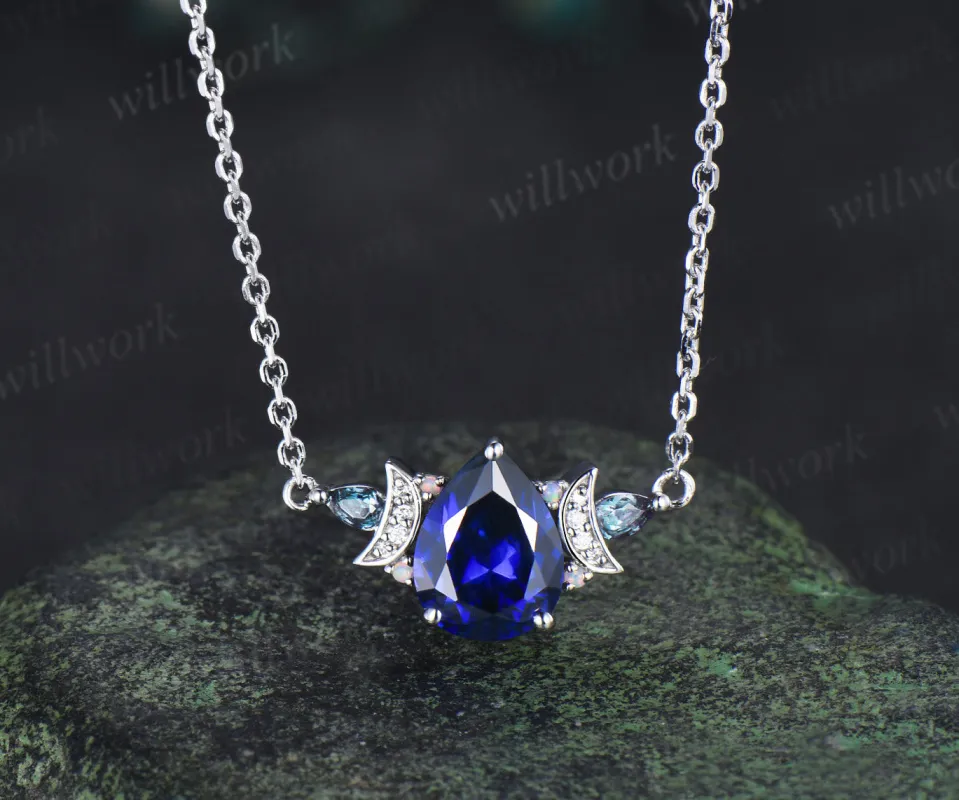 Pear cut blue sapphire pendant necklace moon deco moissanite pear alexandrite opals charm pendant September birthstone gifts sold by Willwork Jewelry