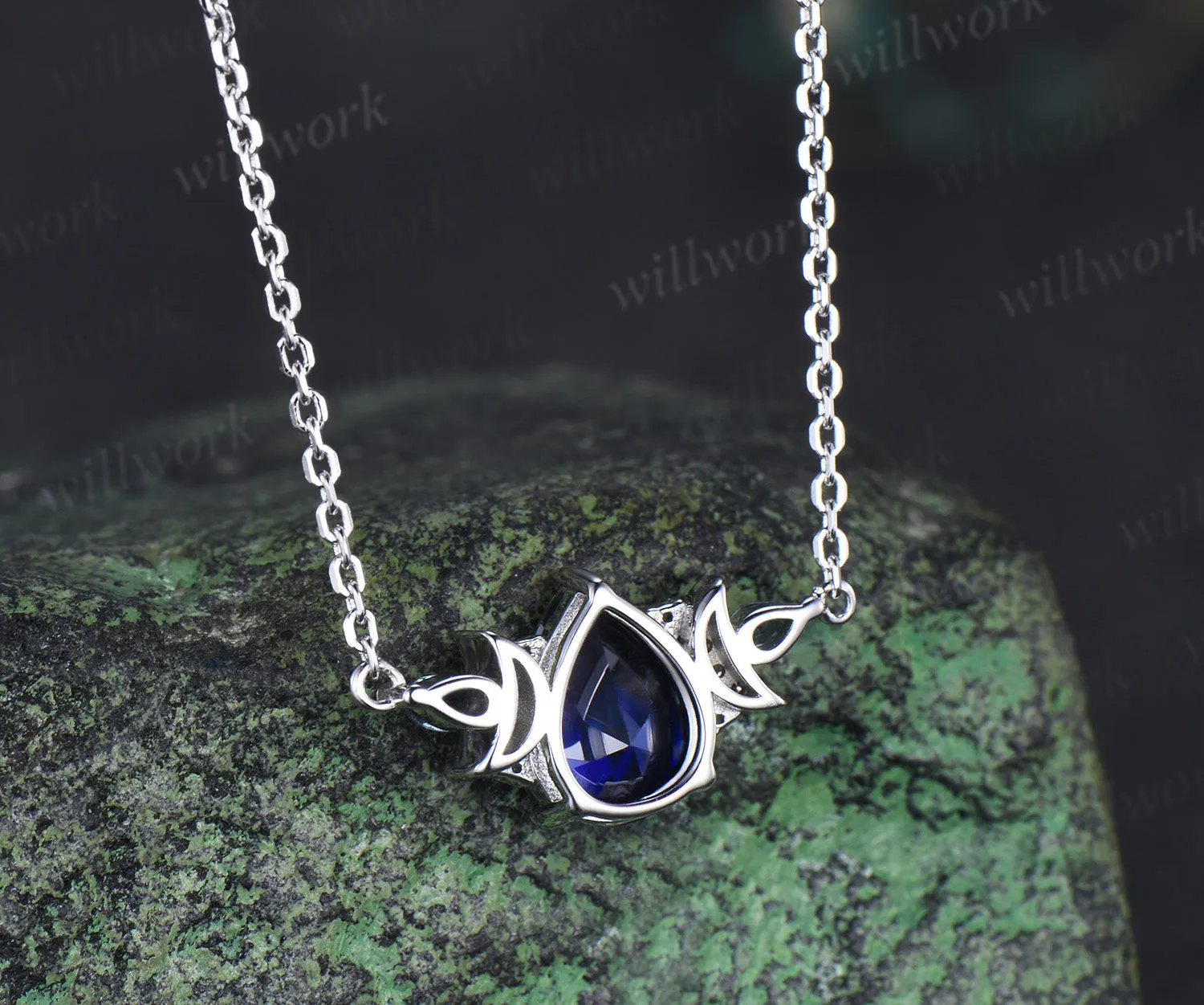 Pear cut blue sapphire pendant necklace moon deco moissanite pear alexandrite opals charm pendant September birthstone gifts sold by Willwork Jewelry product image thumbnail 3