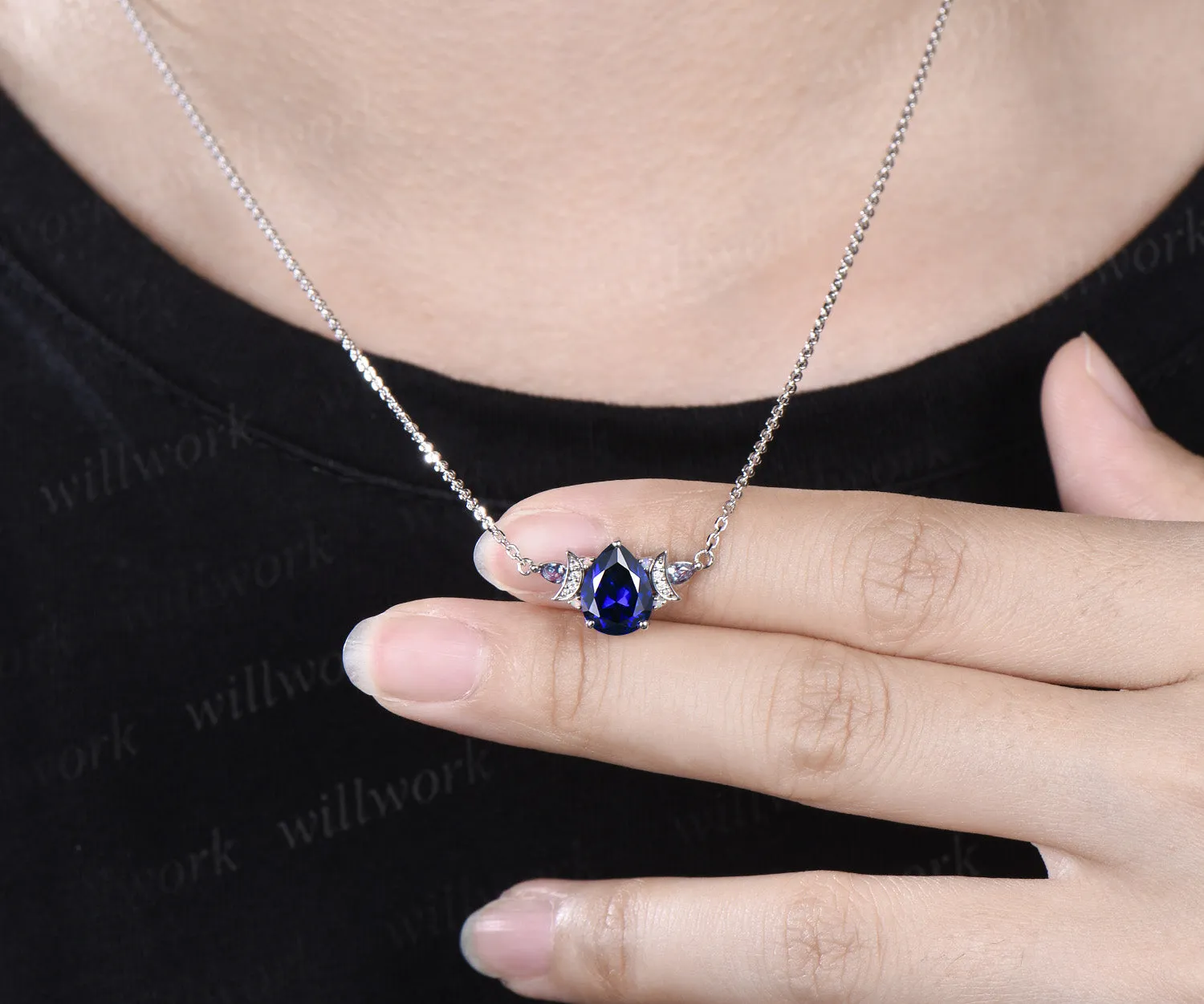 Pear cut blue sapphire pendant necklace moon deco moissanite pear alexandrite opals charm pendant September birthstone gifts sold by Willwork Jewelry product image thumbnail 2