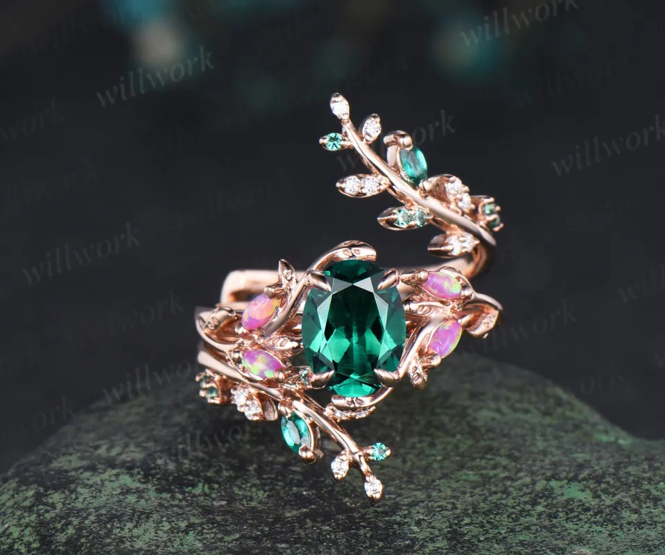 Vintage oval emerald engagement ring set marquise purple opal leaf ring marquise emerald moissanite vine wedding band bridal set sold by Willwork Jewelry