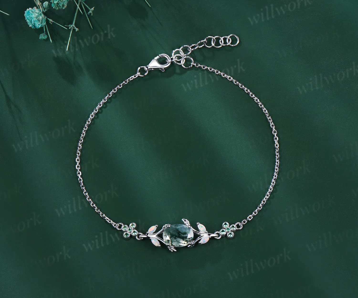 Oval cut moss agate marquise opal leaf bracelet emeralds clover adjustable bracelet nature inspired jewelry for women sold by Willwork Jewelry product image thumbnail 5
