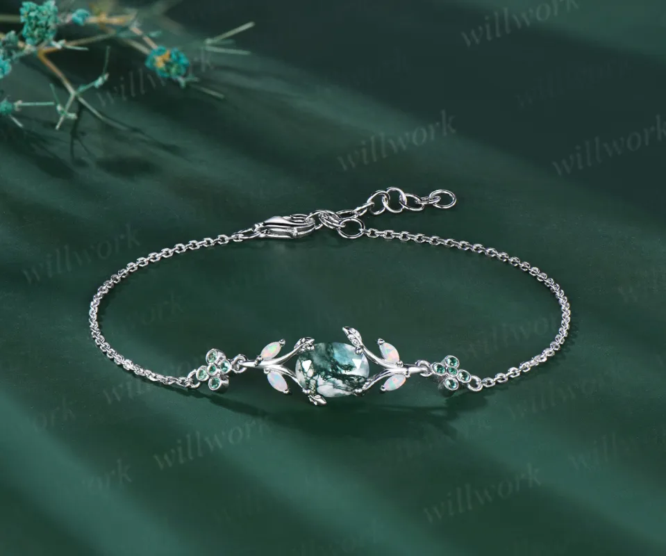 Oval cut moss agate marquise opal leaf bracelet emeralds clover adjustable bracelet nature inspired jewelry for women sold by Willwork Jewelry