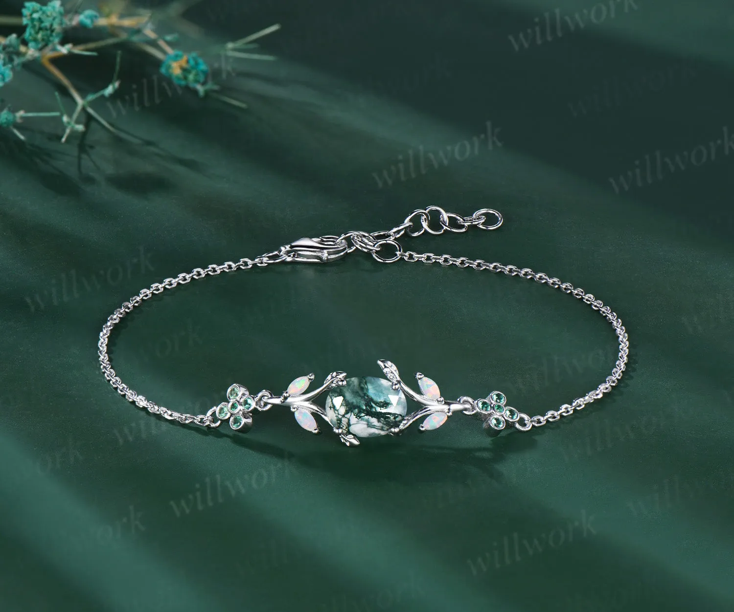 Oval cut moss agate marquise opal leaf bracelet emeralds clover adjustable bracelet nature inspired jewelry for women sold by Willwork Jewelry